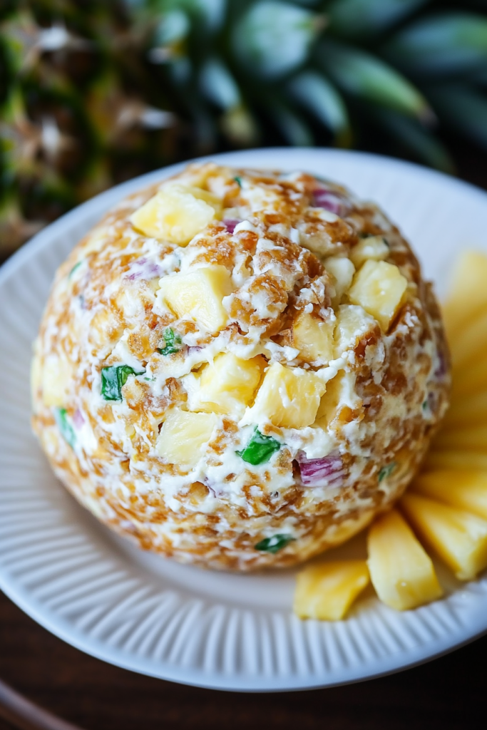 Cheese ball coated in toasted nuts with pineapple chunks and green onions on a white plate