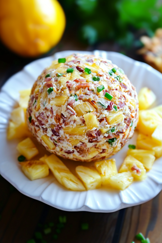 Plated cheese spread with nuts, pineapple bites, and diced green onions for garnish