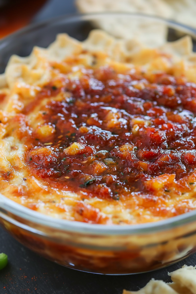 Baked appetizer with melted cheese and chunky pepper jelly spread over the top.