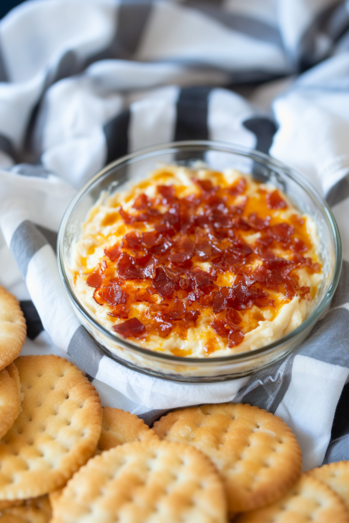 Golden cheese dip finished with a sticky, sweet-heat pepper jelly glaze.