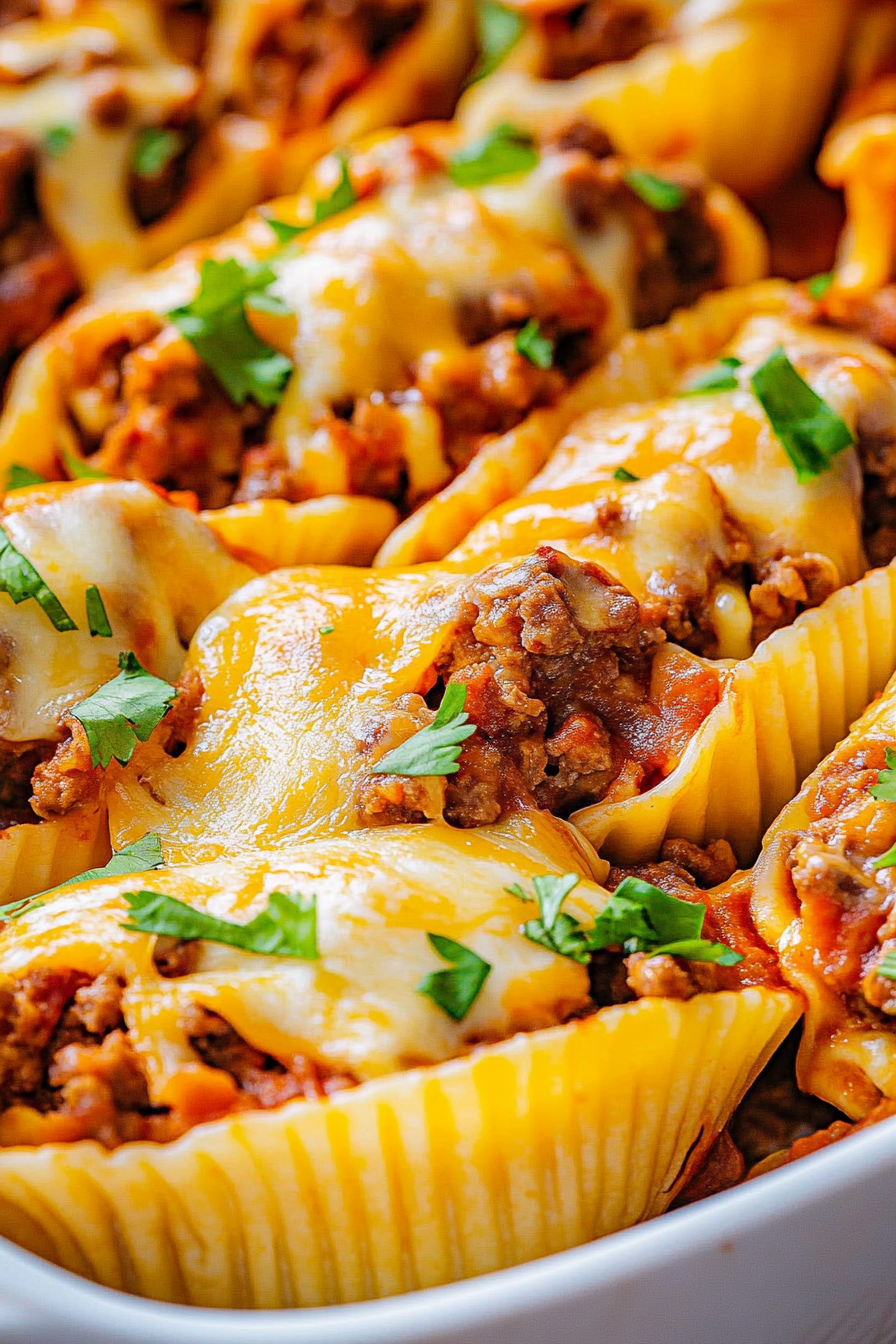 Baked pasta shells filled with seasoned meat and topped with melted cheese and parsley.