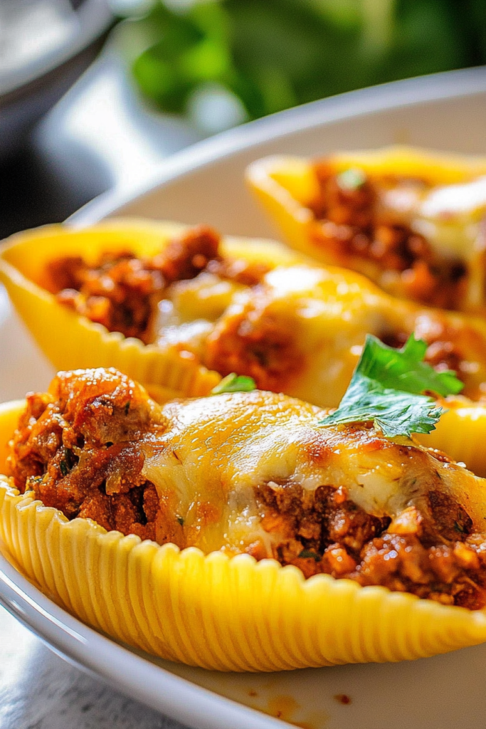 Final plated shot of Taco Stuffed Shells, garnished with fresh parsley for color contrast.