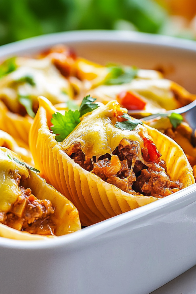 Comfort food casserole featuring stuffed shells baked until bubbly and golden brown.