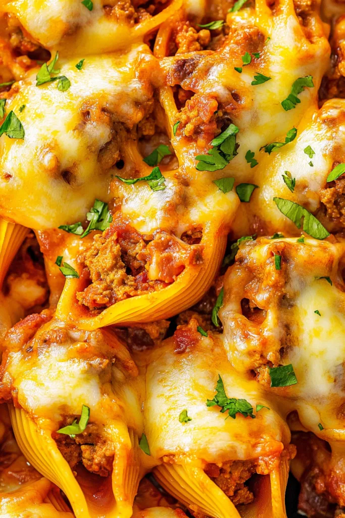 Close-up of golden, cheesy stuffed shells arranged neatly in a baking dish.