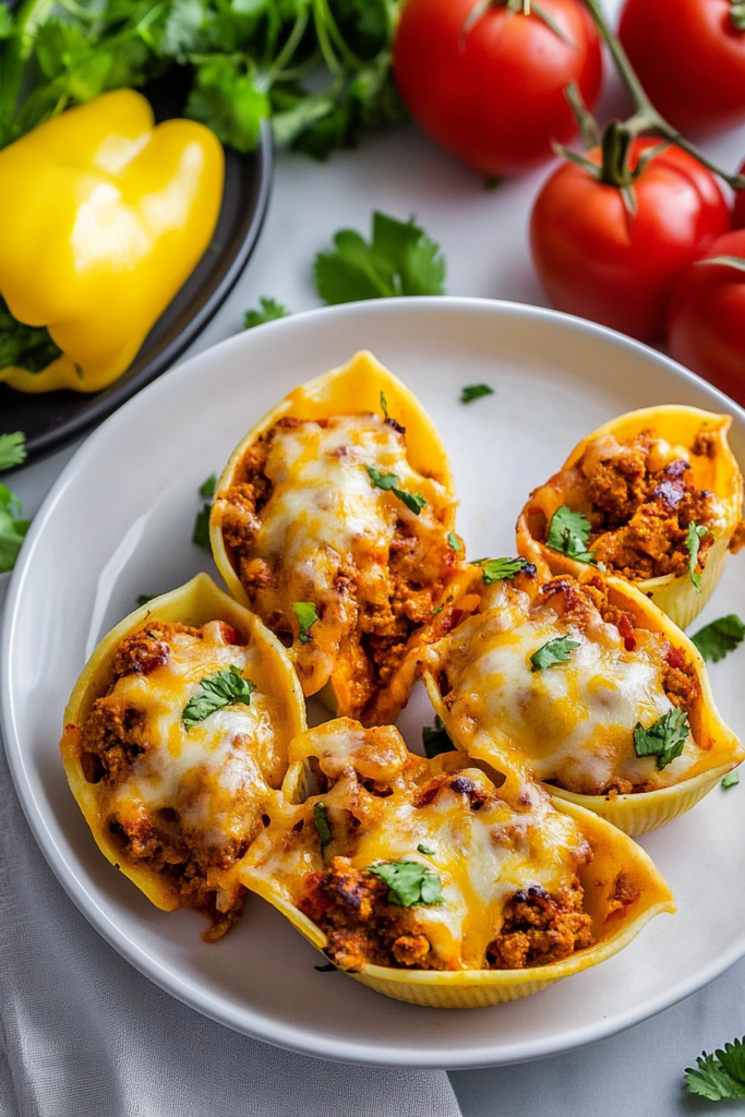 Savory pasta shells overflowing with beef and tomato filling, finished with gooey melted cheese.