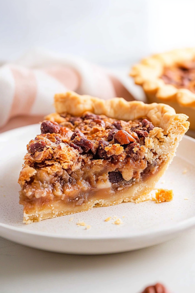 Close-up of the pieโs golden crust and crumbly topping, highlighting the mix of textures.