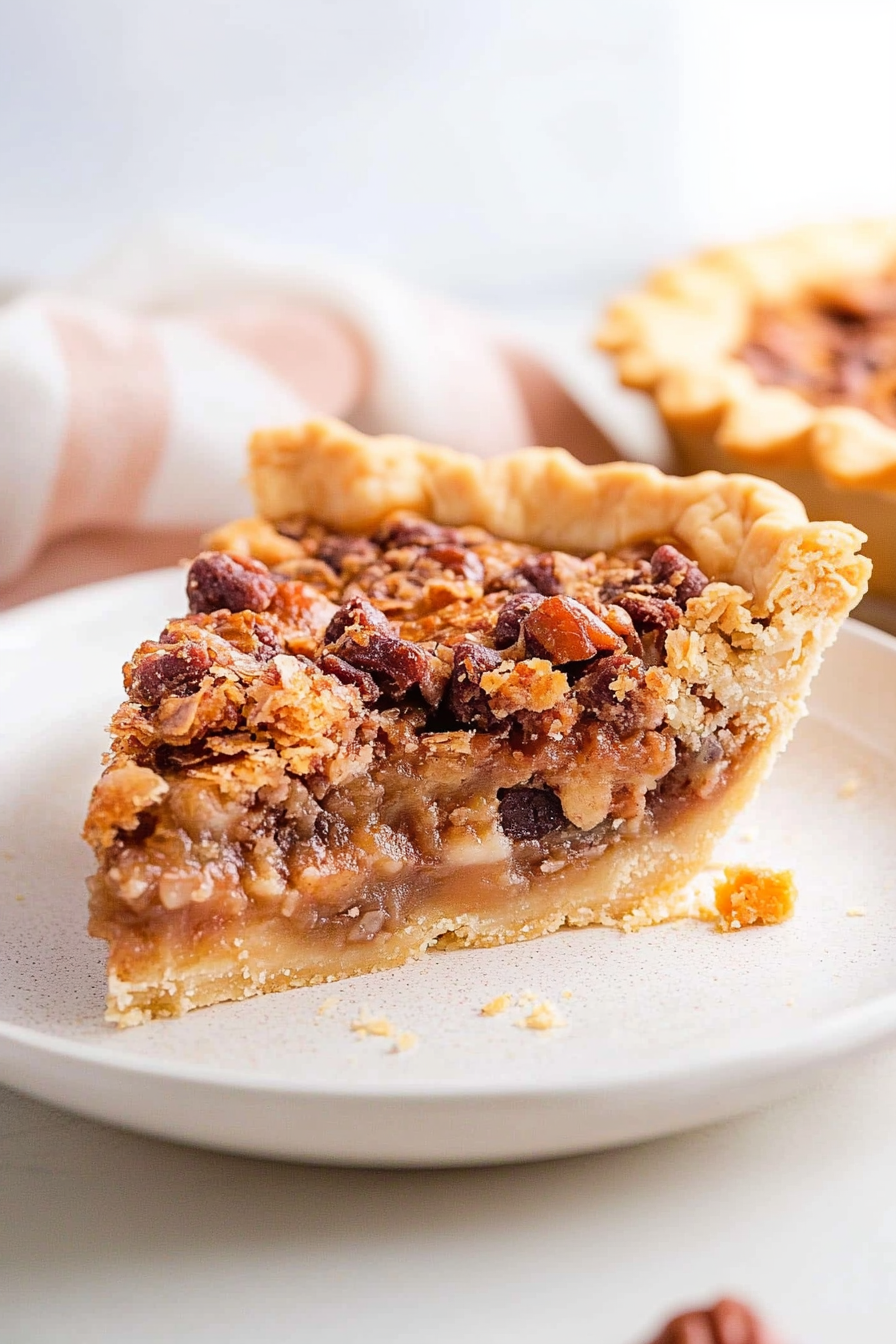 Close-up of the pie’s golden crust and crumbly topping, highlighting the mix of textures.