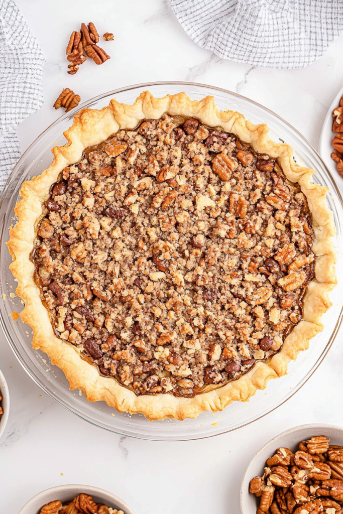 A whole pie in a glass dish, its rich filling visible beneath a crunchy nut layer.