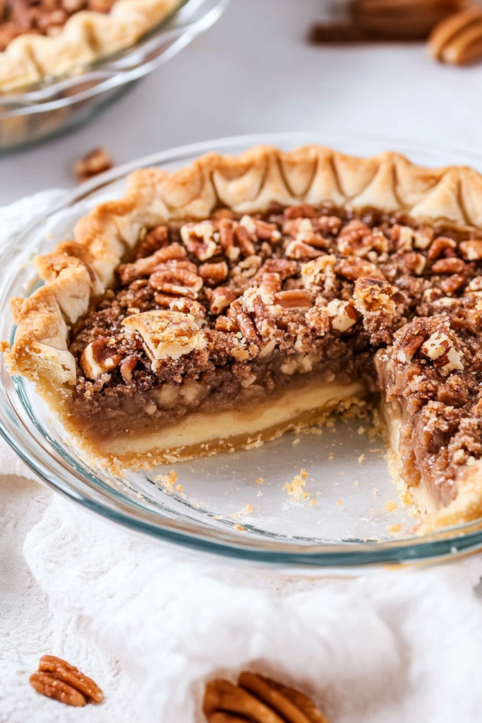 Final presentation of Texas Trash Pie, garnished with scattered pecans on a white cloth.