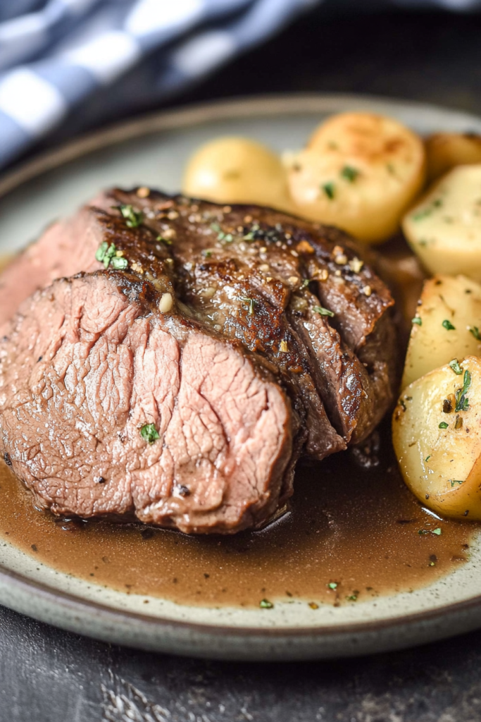 Close-up of juicy oven-roasted beef with fork-tender vegetables and savory pan sauce.