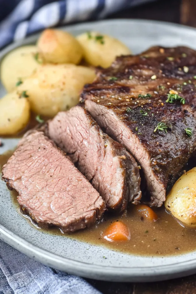 Sliced beef roast served with tender potatoes and carrots in rich brown gravy on a ceramic plate.