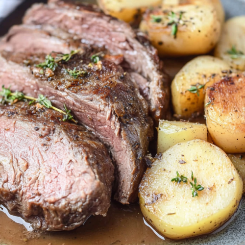Hearty comfort meal featuring sliced roast beef, baby potatoes, and carrots in homemade gravy.