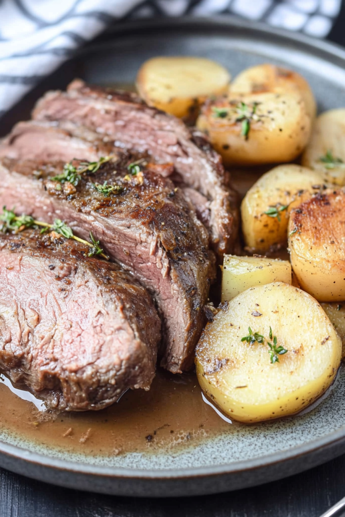 Hearty comfort meal featuring sliced roast beef, baby potatoes, and carrots in homemade gravy.