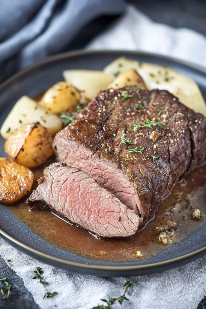 Plated beef roast dinner with golden potatoes and carrots, finished with herbs and rich sauce.