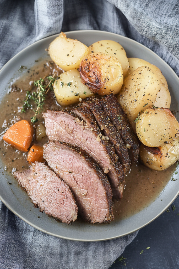 Tender sliced beef roast with vegetables, presented as a cozy homemade dinner.