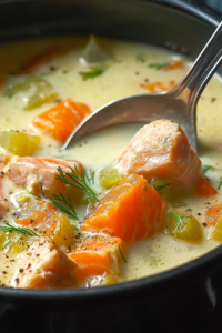Close-up of chunky salmon pieces in a rich creamy broth