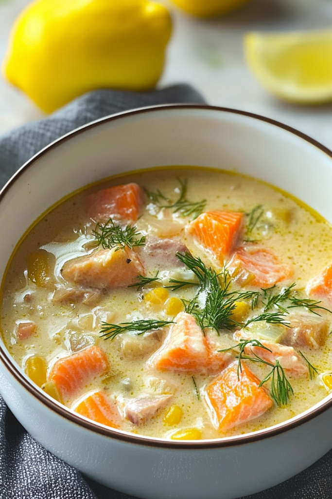 Bowl of Nordic-style fish soup garnished with herbs