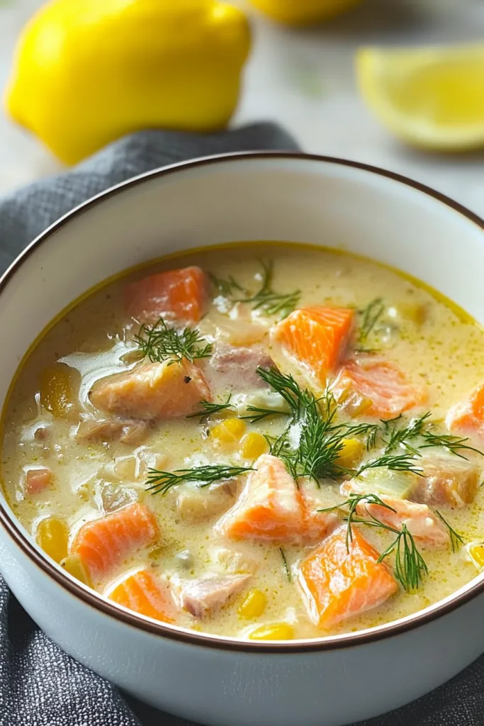 Bowl of Nordic-style fish soup garnished with herbs