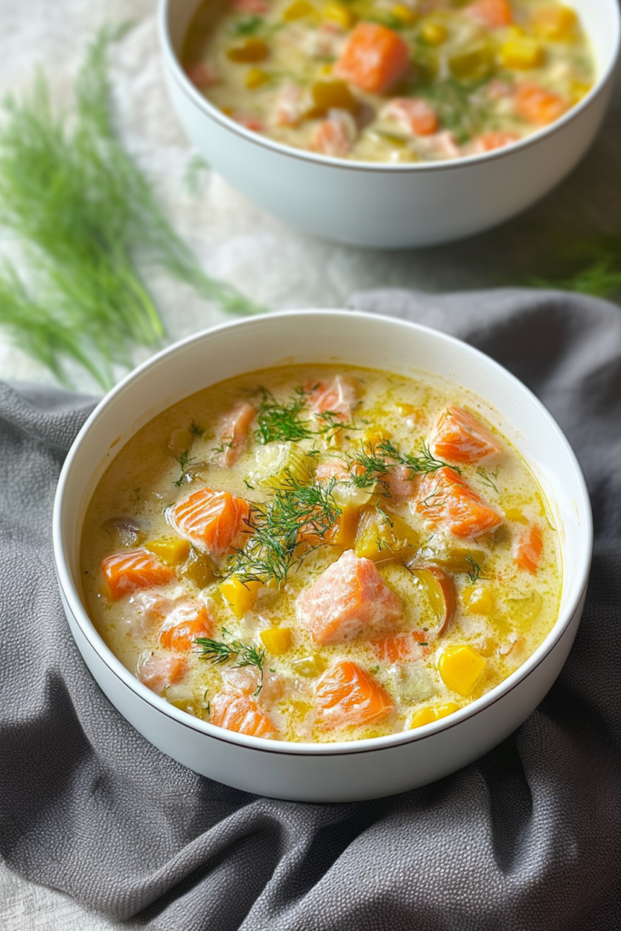 Homemade creamy salmon and vegetable soup ready to serve