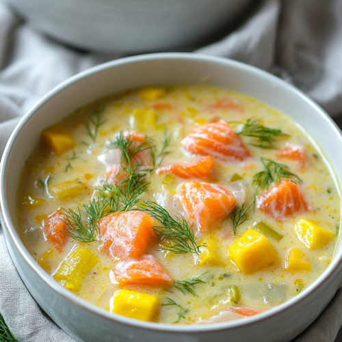 Hearty fish chowder with tender salmon and fresh dill