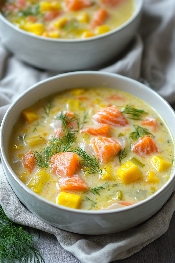 Hearty fish chowder with tender salmon and fresh dill