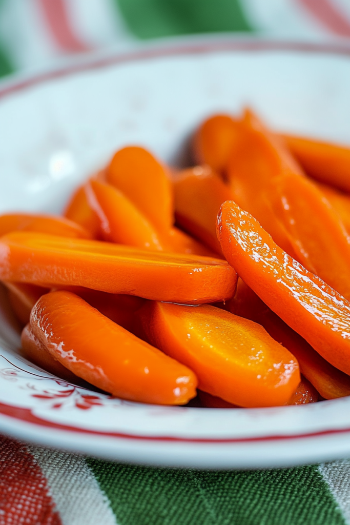 Carrots cooked until tender and glossy, styled simply in a decorative serving dish.