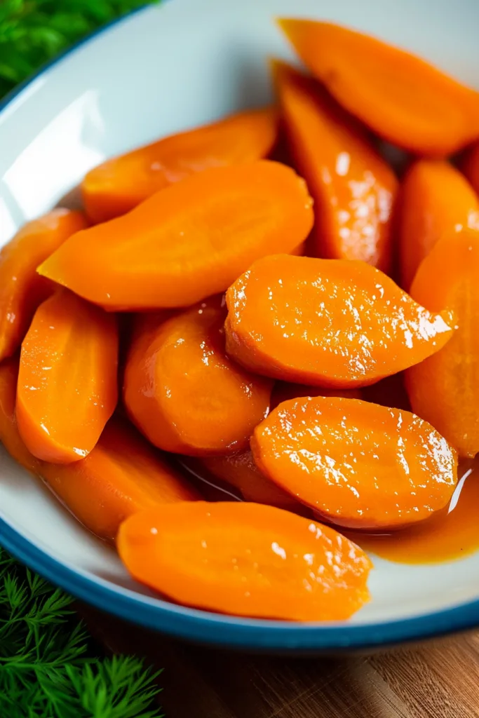 Warm vegetable side dish with carrots sliced thick and glazed until luminous.