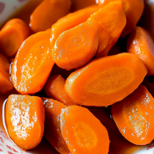 Glossy orange carrot rounds glistening in a light butter glaze, served in a patterned bowl.