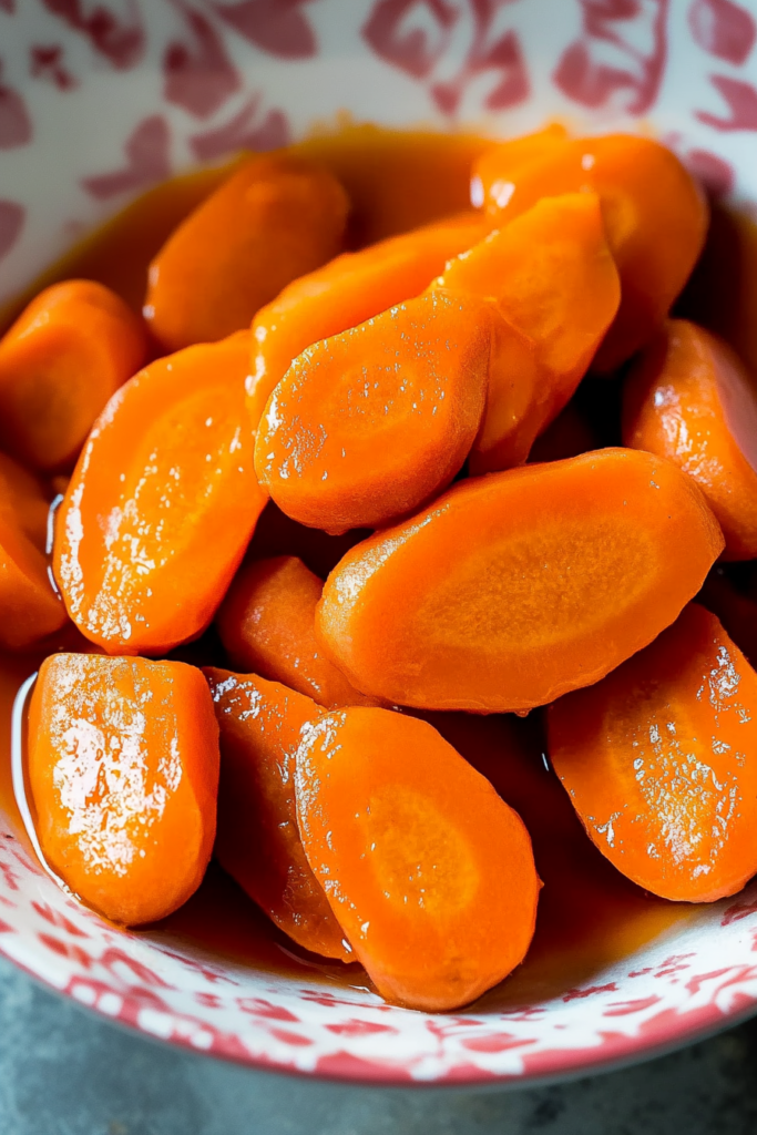 Glossy orange carrot rounds glistening in a light butter glaze, served in a patterned bowl.