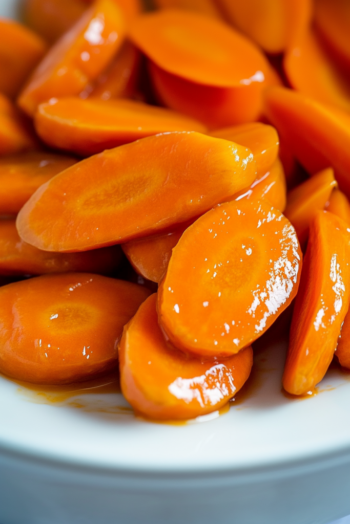 Close-up of tender carrots coated in a shiny sauce, arranged neatly for presentation.