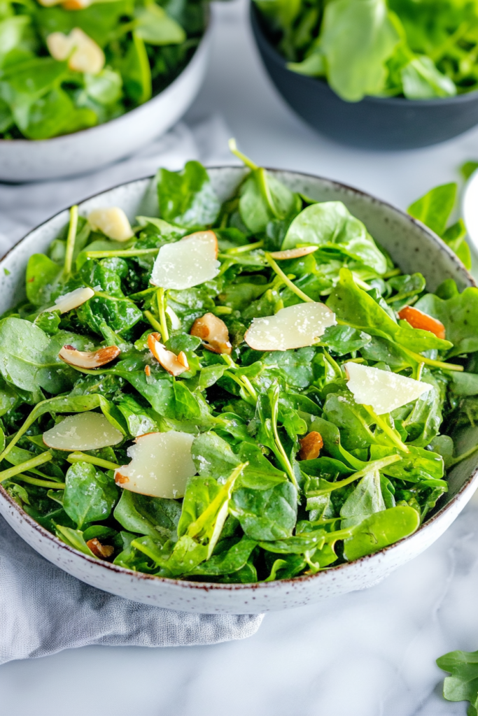 Healthy green salad served in a ceramic bowl, highlighting fresh leaves and nutty toppings