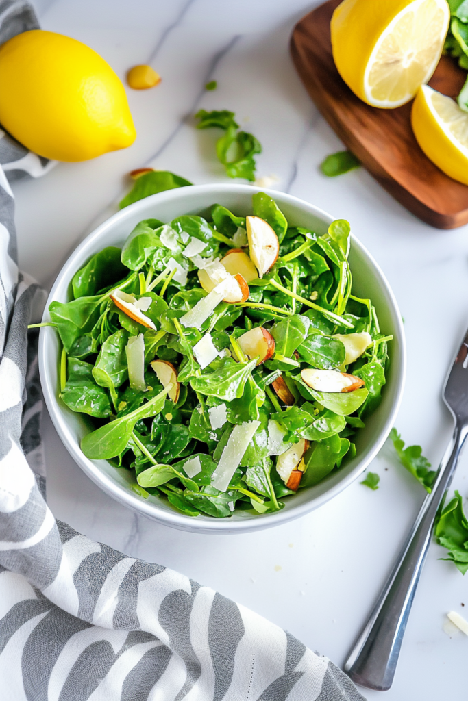 Simple homemade salad featuring crisp greens tossed with nuts and a glossy vinaigrette