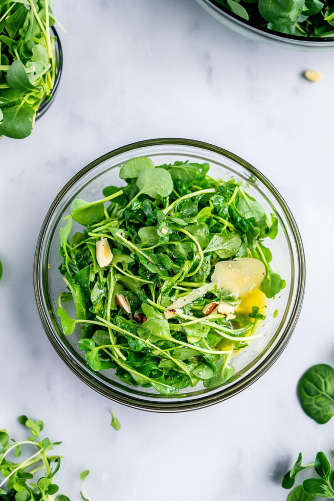 Minimalist salad presentation with fresh greens and sliced almonds on a marble surface