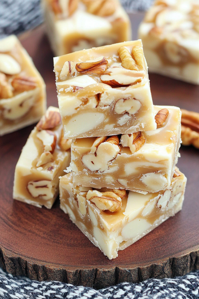 Creamy fudge squares topped with pecans and a light caramel drizzle