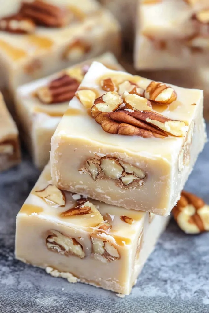 Stacked homemade fudge pieces with a rich, glossy finish and nutty texture