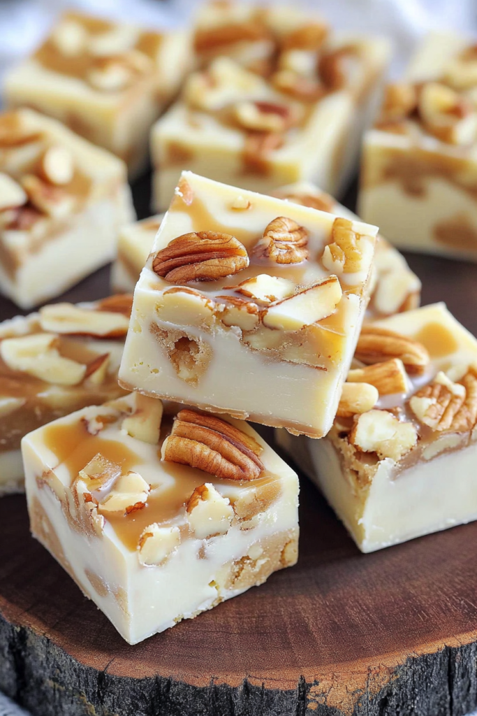 Soft-cut fudge cubes showing a dense, creamy interior with pecan bits