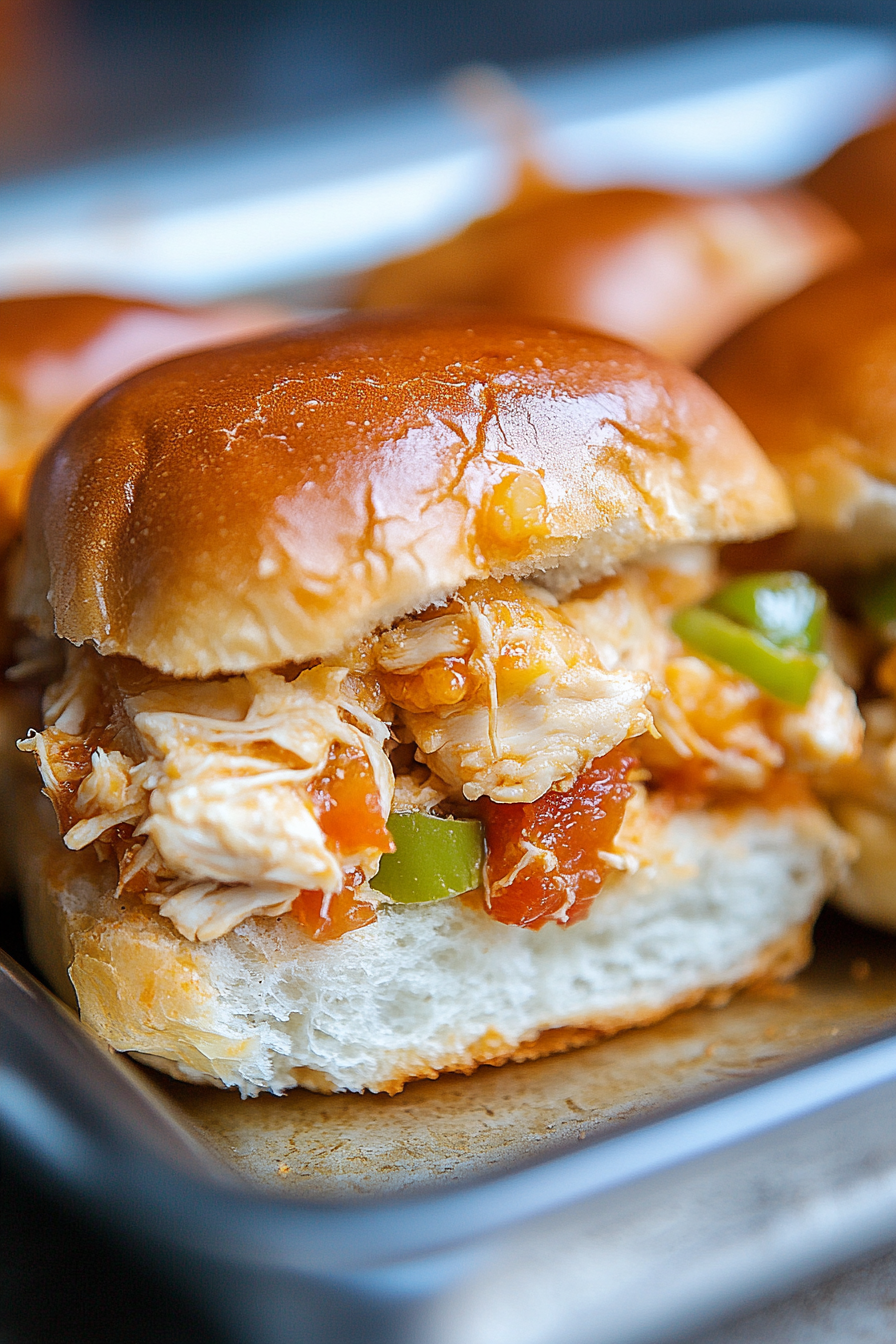 Close-up of a mini sandwich with glossy top bun and tender chicken pieces inside