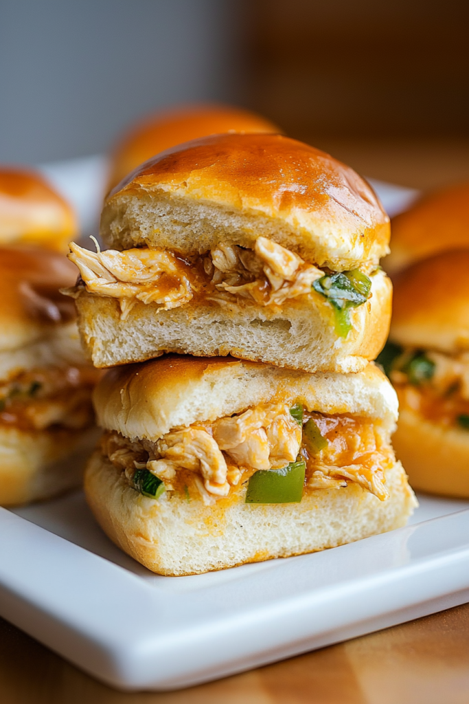Stacked slider rolls showing juicy chicken filling and caramelized edges.
