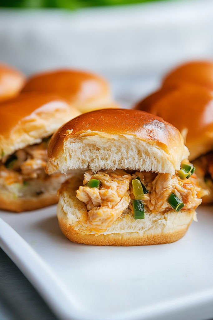 Shredded chicken with diced peppers spilling out from a warm, toasted slider bun.