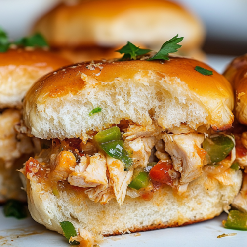 Soft slider bun filled with shredded chicken, peppers, and sauce on a metal tray.