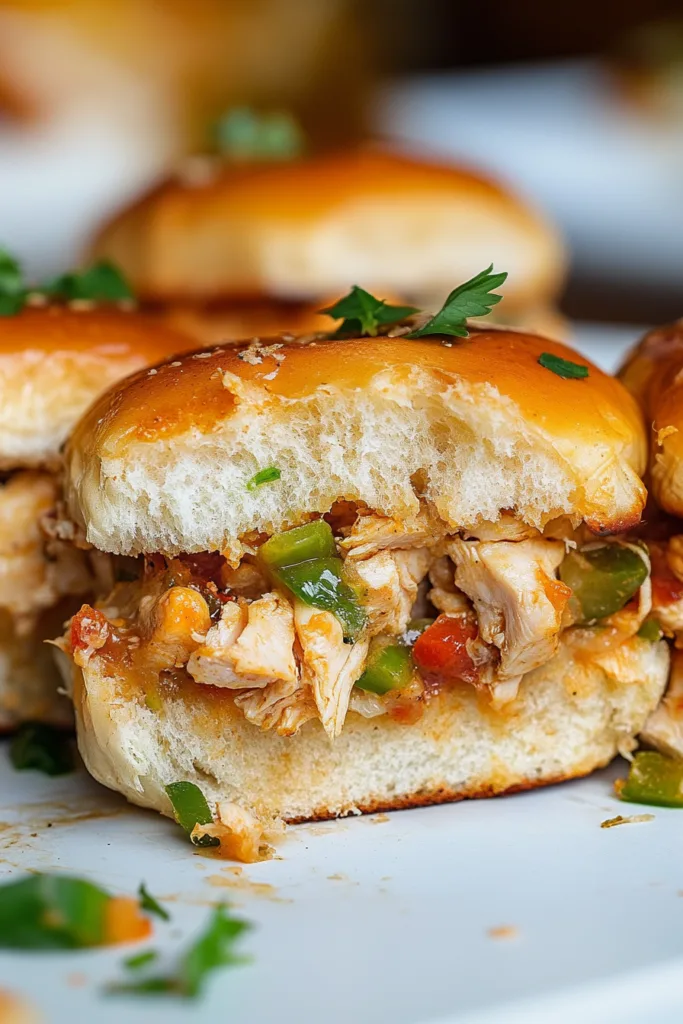 Soft slider bun filled with shredded chicken, peppers, and sauce on a metal tray.
