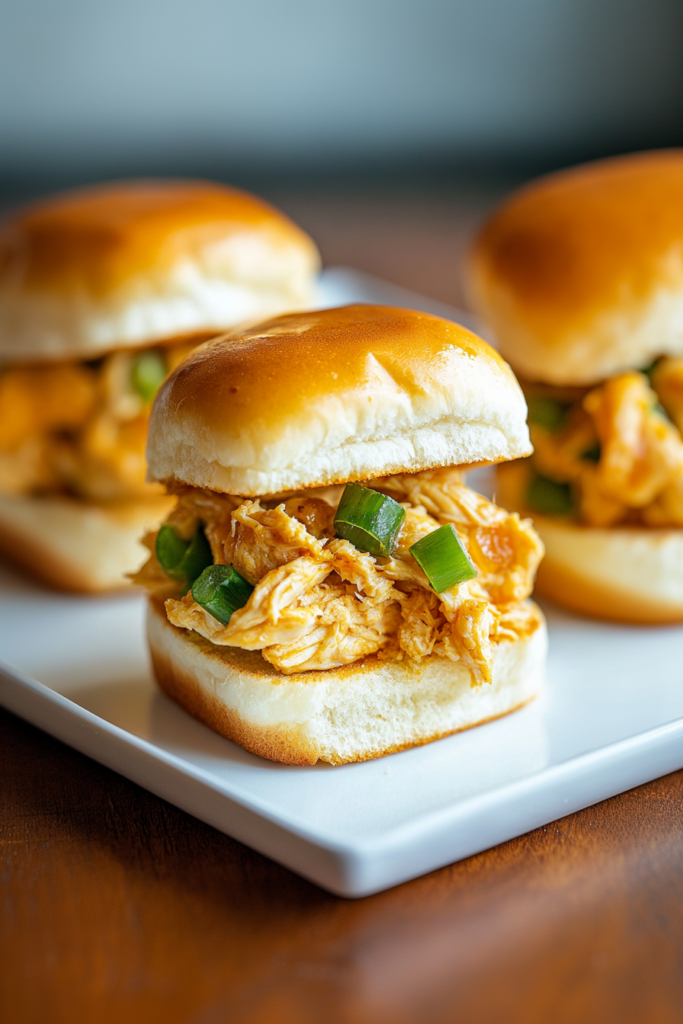 Tray of small chicken sandwiches with shiny buns and colorful fillings.