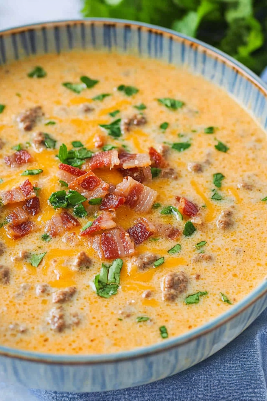 Close-up of a creamy soup topped with melted cheddar, ground beef, and fresh parsley