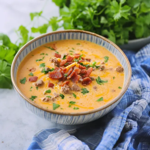 Final presentation of keto cheeseburger soup served in a white bowl with parsley garnish