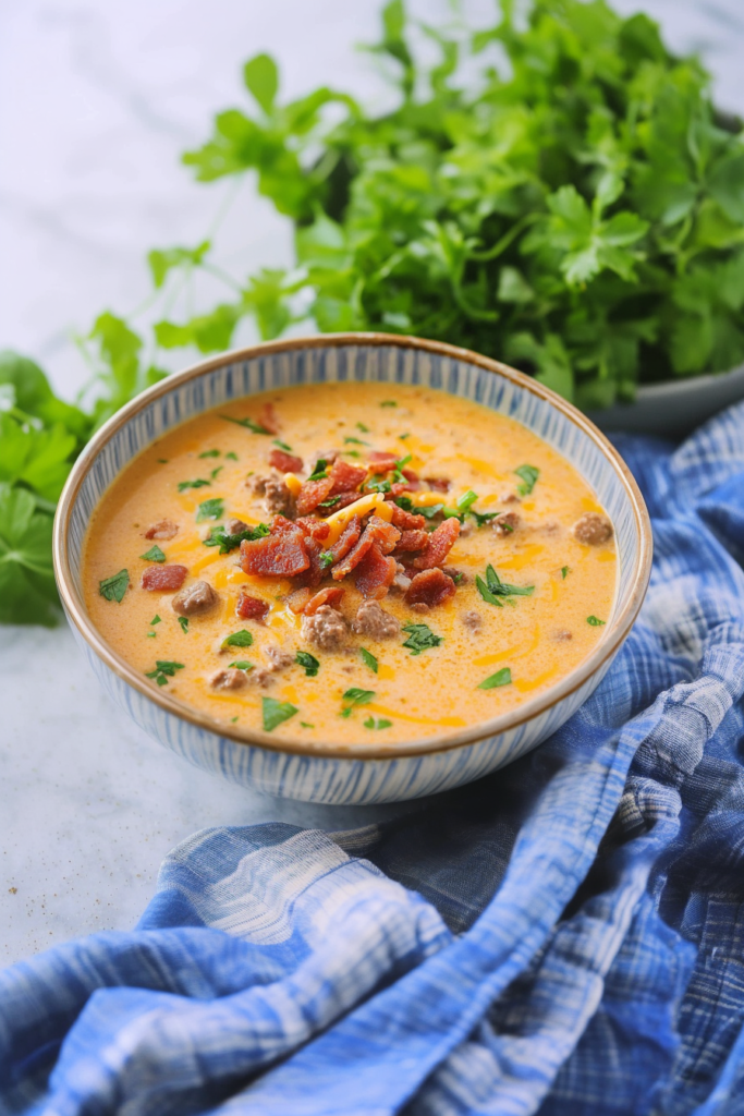 Final presentation of keto cheeseburger soup served in a white bowl with parsley garnish