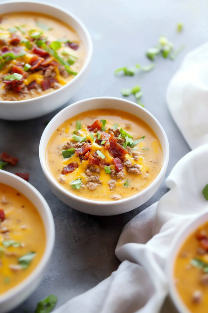 Rustic table setting with a steaming bowl of rich, cheesy soup and fresh herbs