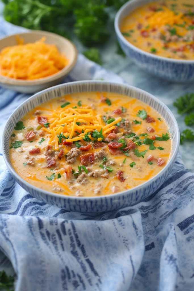 Golden cheddar melting into a creamy beef soup, styled with a cozy blue-patterned cloth