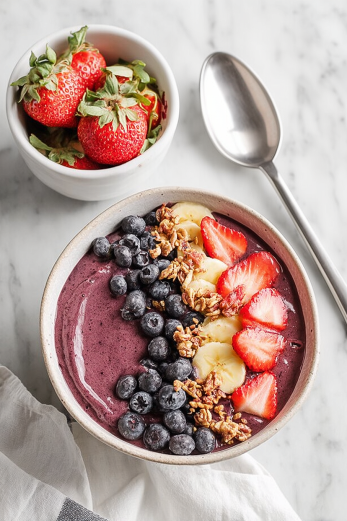 Fresh fruit bowl with layered toppings and a spoon ready for serving.