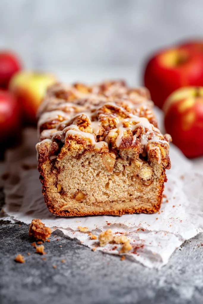 Homemade apple loaf drizzled with glaze and filled with chunks of fresh apples.