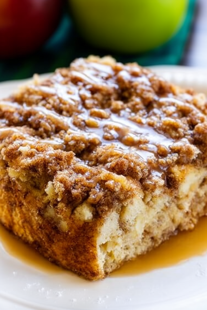 Close-up of a moist coffee cake slice topped with golden cinnamon crumble and caramel drizzle on a white plate.
